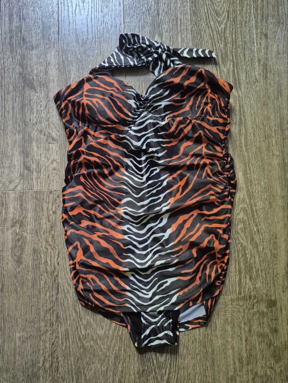 Sourpuss Black + Brown Zebra Halter One-Piece Swimsuit Ruched Sides Extra Large